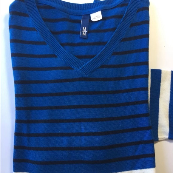 H&M Men V-Neck Sweater Blue White Striped Long Sleeve 100% Cotton Medium - Picture 2 of 12
